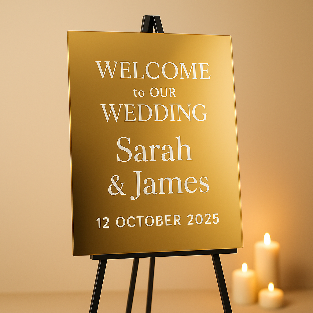 Gold wedding welcome sign with 'Welcome to Our Wedding Sarah & James 12 October 2025' text on an easel against a warm background.