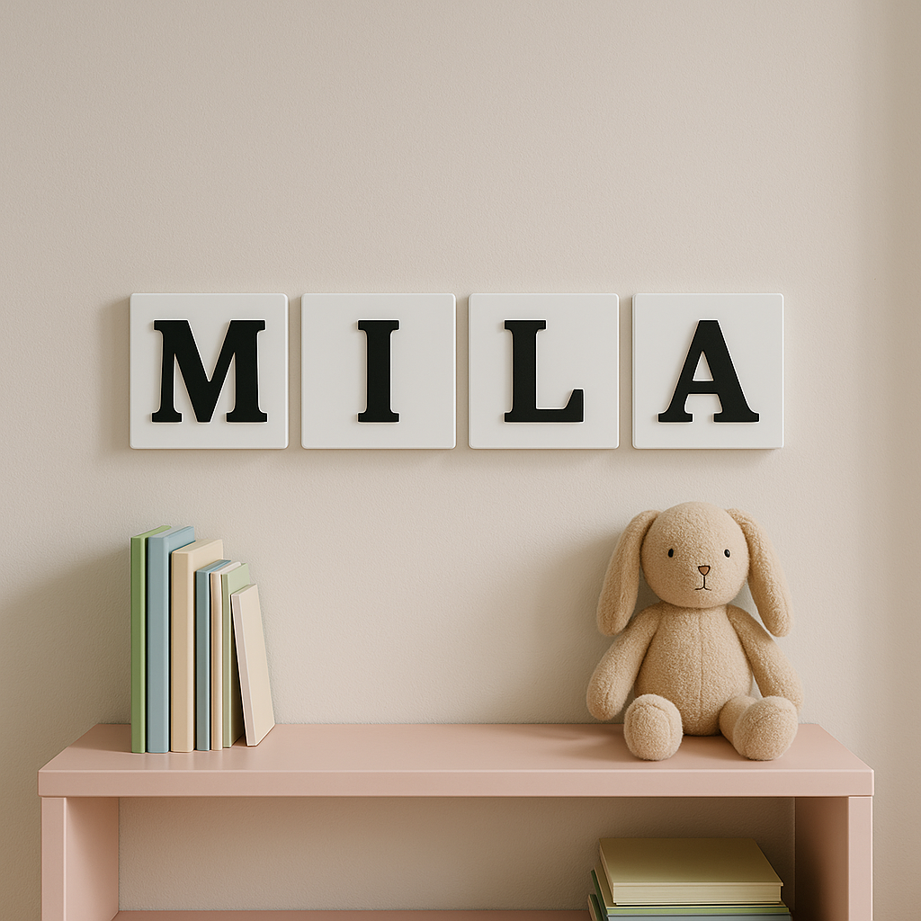 Children's room with 'MILA' nameplate, books, and plush toy on a shelf.