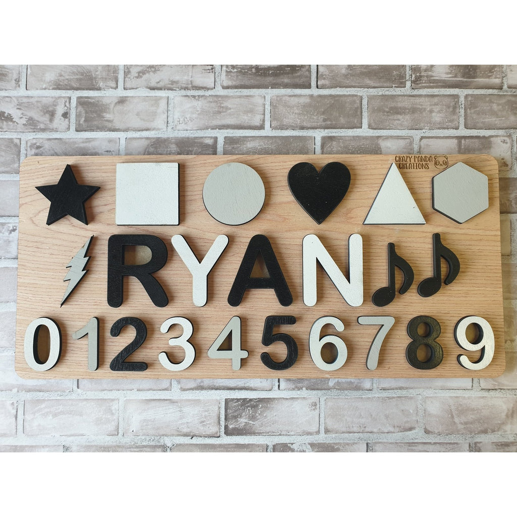 Wooden Name Puzzle Single Name/Raised with Shapes, Numbers & Notes