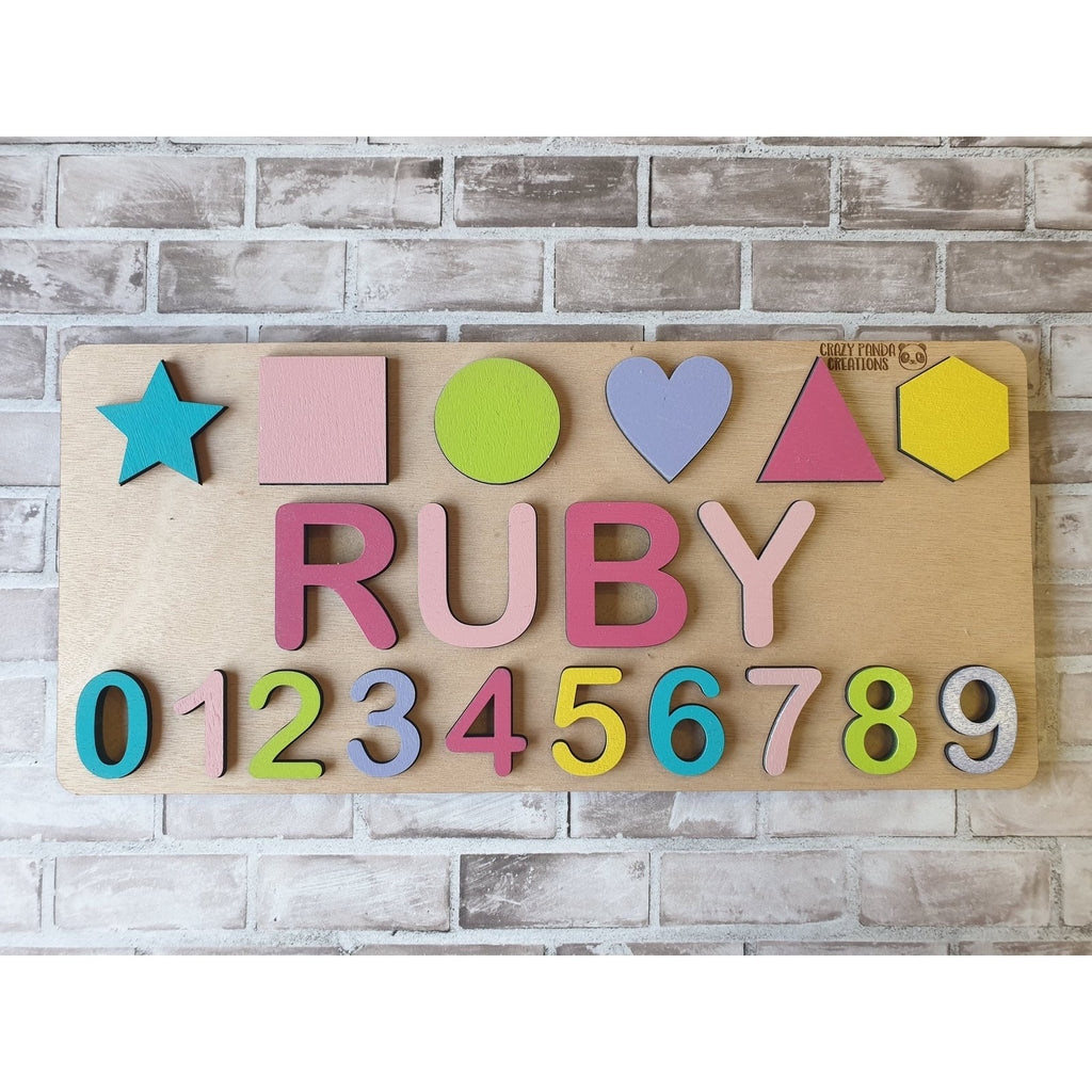 Wooden Name Puzzle Single Name/Raised with Shapes & Numbers