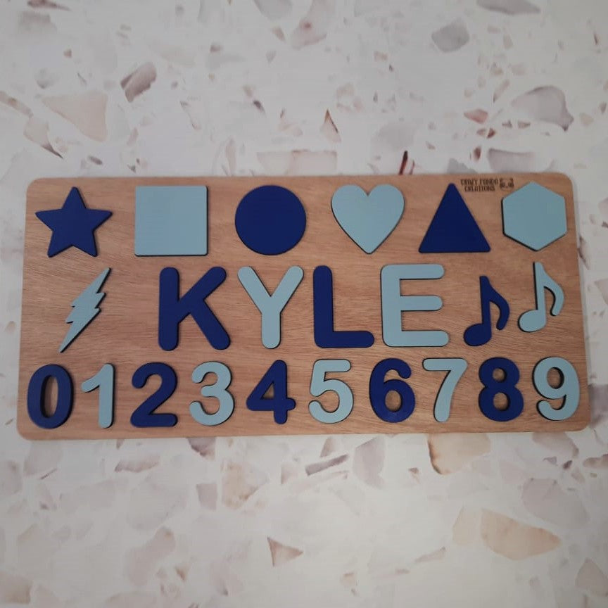 Wooden Name Puzzle Single Name/Raised with Shapes, Numbers & Notes