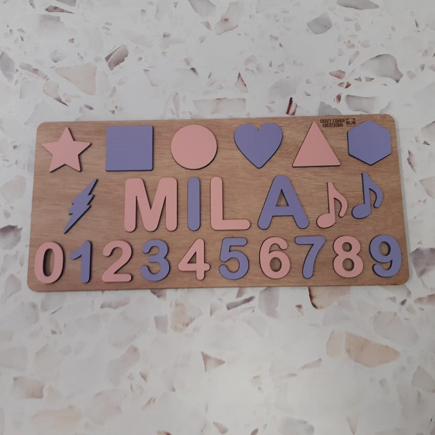 Wooden Name Puzzle Single Name/Raised with Shapes, Numbers & Notes